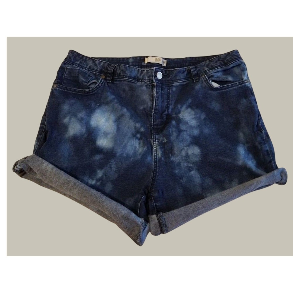 Vtg Route 66 Denim Jean Shorts Bleach Tie Dye Boho Festival Cuffed Dark Blue 32